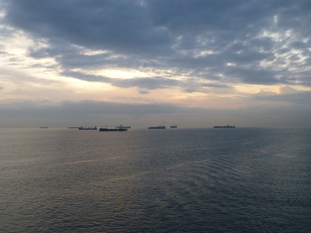 Predawn Ships Waiting Pacific Ocean