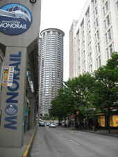 Westin Seattle view of circular towers from street